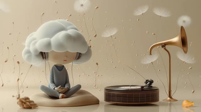 Cloud character meditating with gramophone